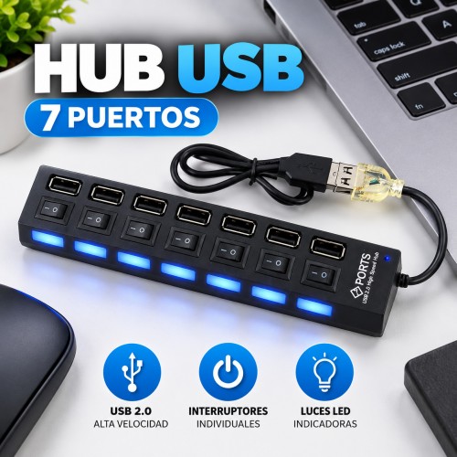 Hub USB 2.0 de 7 puertos con interruptores individuales y luces LED, ideal para conectar varios dispositivos fácilmente- Por mayoreo UC24