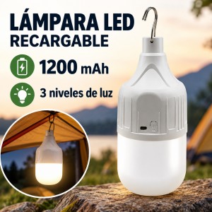 Lámpara LED portátil recargable de 1200 mAh, con gancho para colgar y tres niveles de iluminación- Por mayoreo 