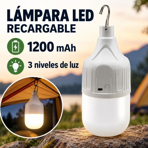 Lámpara LED portátil recargable de 1200 mAh, con gancho para colgar y tres niveles de iluminación- Por mayoreo 