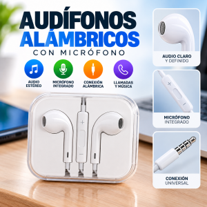 Audífonos alámbricos de diseño compacto y color blanco, ideales para escuchar música, videos y contenido multimedia en dispositivos compatibles.