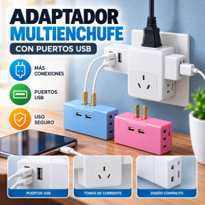 Adaptador multienchufe compacto con puertos USB y conexiones adicionales, ideal para aprovechar mejor una toma de corriente y conectar distintos dispositivos compatibles.