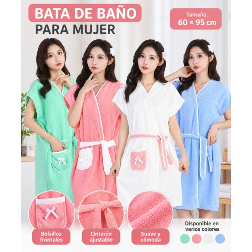 Bata para mujer de diseño ligero, con cinturón ajustable y prácticos bolsillos frontales. Medida indicada: 60 × 95 cm- Por mayoreo 
