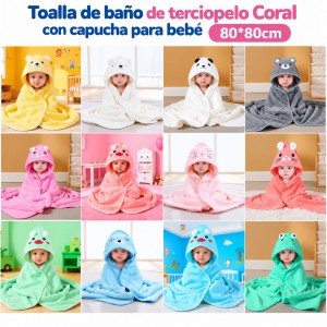 Toalla de baño con capucha para bebé de terciopelo Coral, suave, absorbente y de 80 × 80 cm- Por mayoreo 