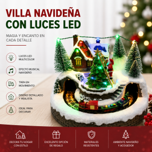 Villa navideña decorativa con casita, árboles, figuras, tren y detalles iluminados. Ideal para complementar la decoración de Navidad en hogares, negocios, aparadores y exhibiciones de temporada.