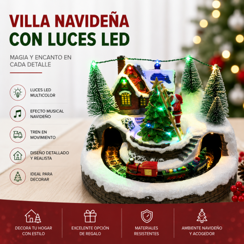 Villa navideña decorativa con casita, árboles, figuras, tren y detalles iluminados. Ideal para complementar la decoración de Navidad en hogares, negocios, aparadores y exhibiciones de temporada.