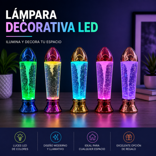 Lámpara decorativa con iluminación LED de colores y efecto visual de burbujas. Su diseño moderno y llamativo es ideal para habitaciones, escritorios, salas y distintos espacios