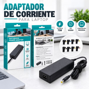 Adaptador de corriente de 70W para laptop con conectores intercambiables, ideal para diferentes equipos compatibles. Diseño práctico para hogar, oficina, negocio