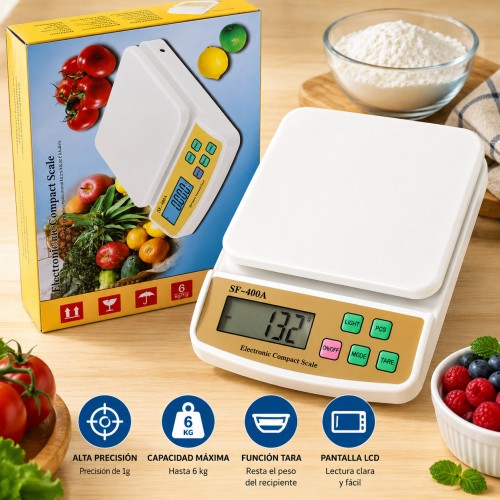 Báscula digital compacta para cocina, ideal para pesar alimentos e ingredientes con pantalla de lectura clara- 
