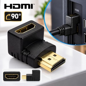 Paquete con 2 coditos HDMI tipo cople de 90°, ideales para conexiones en espacios reducidos y equipos con entrada HDMI