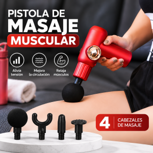 Pistola masajeadora muscular portátil con diseño ergonómico y 4 cabezales intercambiables. Ideal para masajes de relajación y uso deportivo.