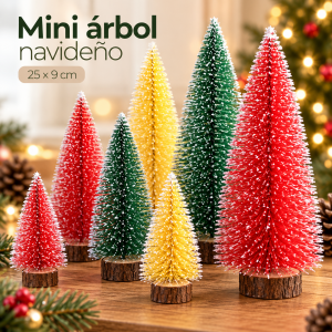 Mini árbol navideño decorativo de 25 × 9 cm con base de madera y efecto nevado. Disponible en colores surtidos. Ideal para mesas, escritorios, oficinas y decoración navideña. Compra por mayoreo.