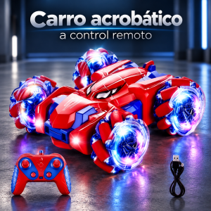 Carro acrobático con control remoto, diseño rojo y azul y ruedas iluminadas. Una opción para tu catálogo de juguetes por mayoreo.