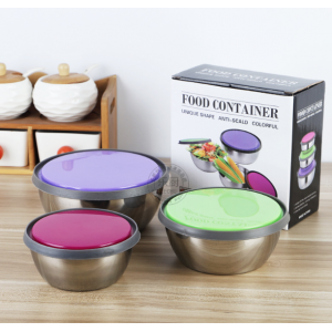 Set de 3 recipientes de acero inoxidable con tapas de colores para conservar alimentos- Por mayoreo 