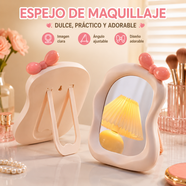 Espejo de maquillaje con diseño adorable de moño, ideal para tocador
