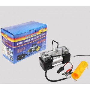 Compresor de aire portátil de doble cilindro, ideal para inflar llantas de autos y otros artículos inflables potencia máxima de inflado de 150 PSI- e incluye 3 adaptadores para diferentes usos- Por mayoreo