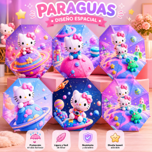 Paraguas infantil con diseño kawaii espacial en tonos pastel, ideal para proteger de la lluvia con un estilo adorable y divertido-  por mayoreo 