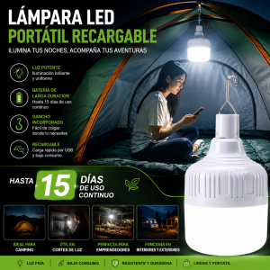 Lámpara LED recargable portátil con gancho integrado, ideal para camping, pesca nocturna, puestos, negocios, hogar, emergencias y actividades al aire libre. Por mayoreo 
