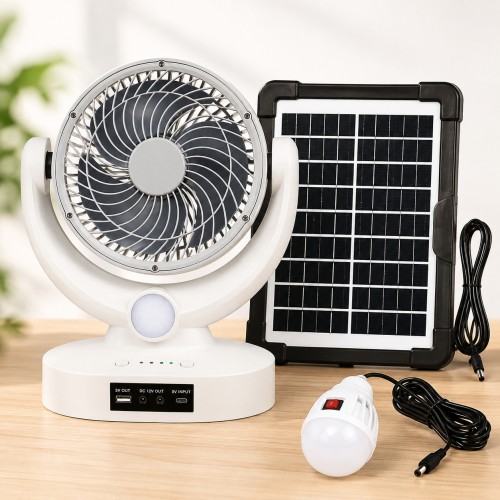 Ventilador solar recargable con luz LED, ideal para camping, emergencias y uso diario-Por mayoreo 
