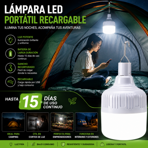 Lámpara LED recargable portátil con gancho integrado, ideal para camping, pesca nocturna, puestos, negocios, hogar, emergencias y actividades al aire libre. Por mayoreo 