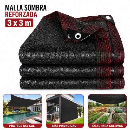 Malla sombra negra 3x3 m reforzada con ojales, ideal para jardín, terraza, piscina, cultivos y protección solar exterior- Por mayoreo Malla sombra negra 3x3 m reforzada con ojales, ideal para jardín, terraza, piscina, cultivos y protección solar exterior- Por mayoreo