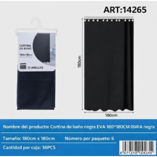 Cortina de baño negra EVA 180x180 cm con 12 anillas  Por Mayoreo 14271