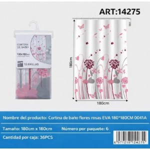 Cortina de baño floral rosa EVA 180x180 cm con 12 anillas- Por Mayoreo 14275