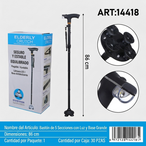 Bastón Plegable con Luz LED Mango Ergonómico Base Antiderrapante 4 Apoyos- Soporte para Adultos Mayores Por Mayoreo 14418 Bastón Plegable con Luz LED Mango Ergonómico Base Antiderrapante 4 Apoyos- Soporte para Adultos Mayores Por Mayoreo 14418