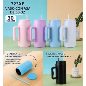 Vaso térmico de 50 oz con asa, tapa desmontable y popote reutilizable, ideal para mantener tus bebidas a la temperatura perfecta- Por mayoreo 