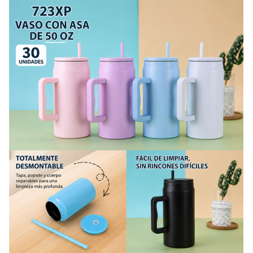 Vaso térmico de 50 oz con asa, tapa desmontable y popote reutilizable, ideal para mantener tus bebidas a la temperatura perfecta- Por mayoreo Vaso térmico de 50 oz con asa, tapa desmontable y popote reutilizable, ideal para mantener tus bebidas a la temperatura perfecta- Por mayoreo