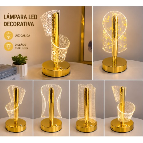 Lámpara decorativa de mesa con base dorada y pantalla acrílica transparente. Ideal para recámara- Por mayoreo Lámpara decorativa de mesa con base dorada y pantalla acrílica transparente. Ideal para recámara- Por mayoreo