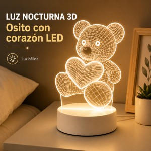 Lámpara LED 3D de oso con placa acrílica y luz cálida, ideal para dormitorio, decoración infantil y regalo- Por mayoreo 