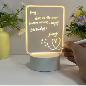 Lámpara LED acrílica decorativa con luz cálida, base moderna y superficie para mensajes personalizados- Por mayoreo 