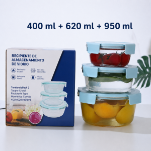 Set de 3 recipientes de cristal con tapa hermética para comida en medidas de 400ml+620ml+950ml. Por mayoreo 