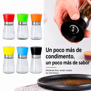 Molinillo manual de especias con botella de vidrio reutilizable, ideal para pimienta, sal y condimentos secos- Por mayoreo 