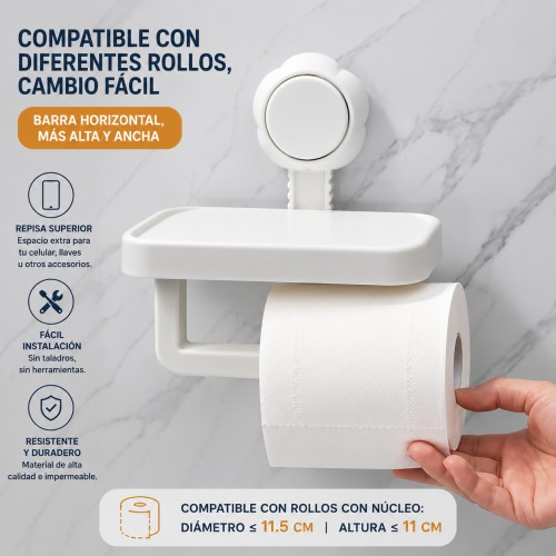 Portarrollos 2 en 1 de papel higiénico con repisa superior para colocar el celular, llaves u otros accesorios- Por mayoreo Portarrollos 2 en 1 de papel higiénico con repisa superior para colocar el celular, llaves u otros accesorios- Por mayoreo