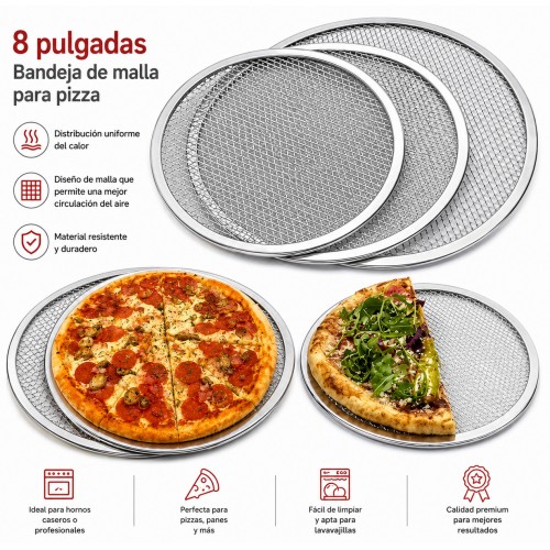 Bandeja de malla metálica de 8 pulgadas diseñada para hornear pizzas con una cocción más uniforme y una base más crujiente- por mayoreo