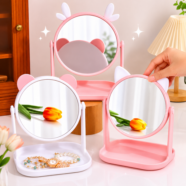 Espejo de maquillaje con diseño adorable de orejitas, ideal para tocador. Organizadora para guardar accesorios - Por mayoreo 