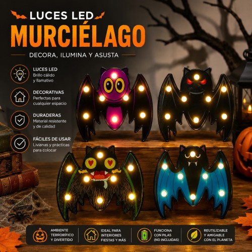 Luz de murciélago LED de 16 x 18 cm con diseños surtidos, ideal para decoración de Halloween, fiestas y ambientes temáticos- Por mayoreo