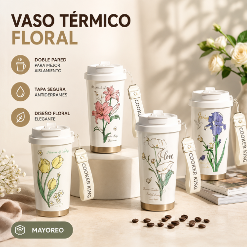 Vaso térmico floral de 500 ml con tapa antiderrames- Ideal para café, té y otras bebidas. Por mayoreo Vaso térmico floral de 500 ml con tapa antiderrames- Ideal para café, té y otras bebidas. Por mayoreo