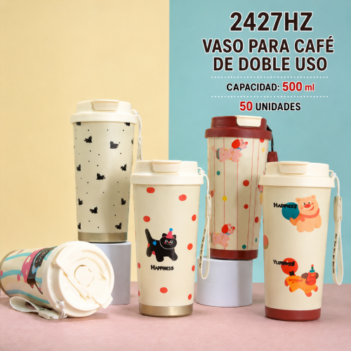 Vaso térmico de 500 ml con tapa y correa, ideal para bebidas- Por mayoreo Vaso térmico de 500 ml con tapa y correa, ideal para bebidas- Por mayoreo