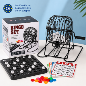 Juego clásico Bingo Set con bombo metálico giratorio, bolas numeradas y tarjetas de juego. Ideal para pasar momentos divertidos en familia- Por mayoreo 