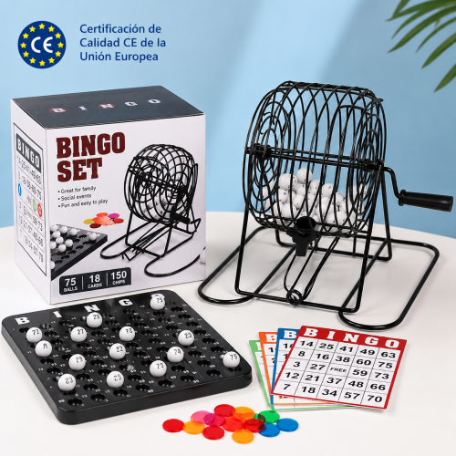 Juego clásico Bingo Set con bombo metálico giratorio, bolas numeradas y tarjetas de juego. Ideal para pasar momentos divertidos en familia- Por mayoreo Juego clásico Bingo Set con bombo metálico giratorio, bolas numeradas y tarjetas de juego. Ideal para pasar momentos divertidos en familia- Por mayoreo