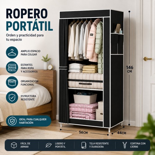 Ropero portátil de tela con espacio para colgar, estantes laterales y cortina con cierre. Medidas 56x44x146 cm-Por mayoreo