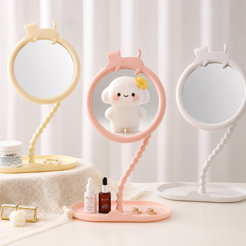 Espejo de Tocador Kawaii con Base Organizadora- espejo decorativo adorable ideal para maquillaje- Por Mayoreo