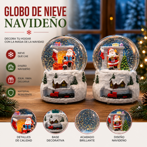 Globo de nieve navideño con Santa, detalles de invierno y base decorativa con tren. Ideal para decoración de Navidad- Por mayoreo 