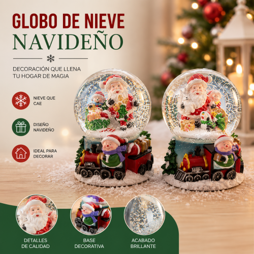 Globo de nieve navideño con diseño de Santa y base decorativa. Ideal para decoración de Navidad en hogar- Por mayoreo 