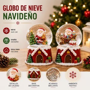 Bola de nieve decorativo con diseño navideño, figura de Santa y base tipo casita. Ideal para decorar hogar, oficina, repisas o vitrinas en Navidad- Por mayoreo 