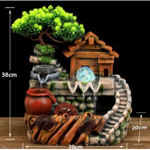 Fuente decorativa de agua con luz LED y diseño ornamental tipo molino con paisaje rústico, ideal para sala, oficina, recibidor, recámara o espacios de relajación-  Por Mayoreo 81251