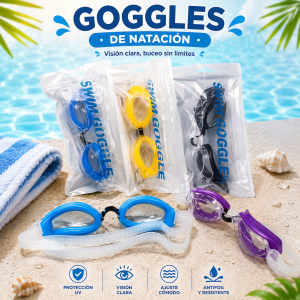 Goggles de natación con diseño cómodo y ajuste seguro, ideales para alberca, playa, entrenamiento, clases de natación y actividades acuáticas- Por mayoreo 