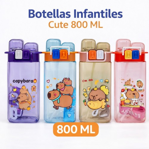 Botella infantil transparente de 800 ml con popote y diseño cute de capibara. Ligera, resistente y práctica para escuela, Por mayoreo 883567